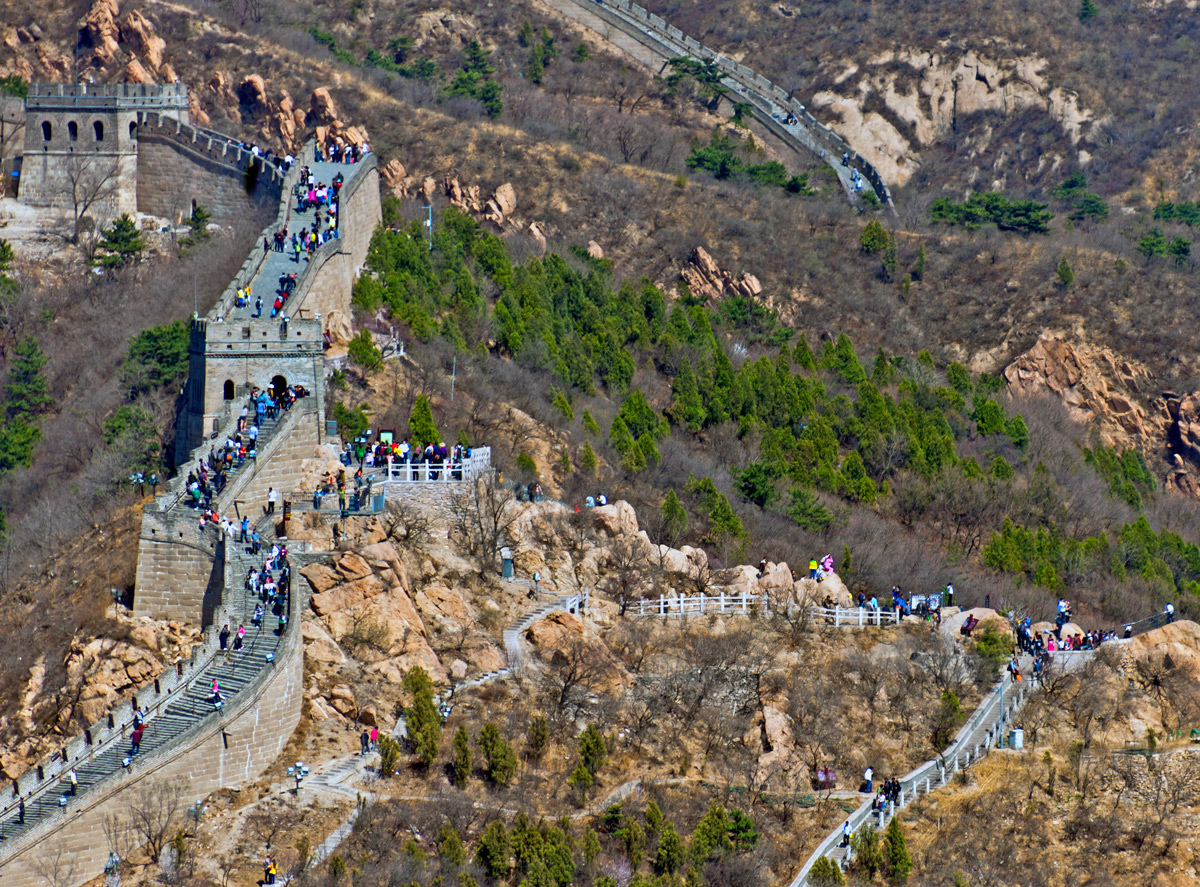 A view of tourists climbing the Great Wall at Badaling